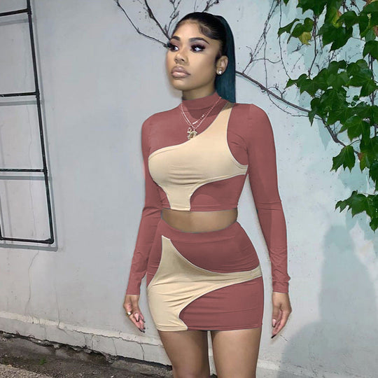 Damen Buntes Crop-Top und Minirock-Set mit asymmetrischem Design R&B