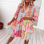 Damen nan Luftiges Stufenkleid im Patchwork-Boho-Stil mit Stehkragen, geraffter Taillennaht und Dreiviertelärmeln R&B