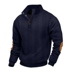 Herren nan Zopfmuster-Halbknopf-Pullover mit hohem Stehkragen und Wildleder-Ellbogenpatches R&B