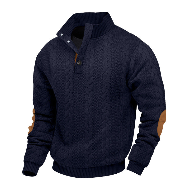 Herren nan Zopfmuster-Halbknopf-Pullover mit hohem Stehkragen und Wildleder-Ellbogenpatches R&B