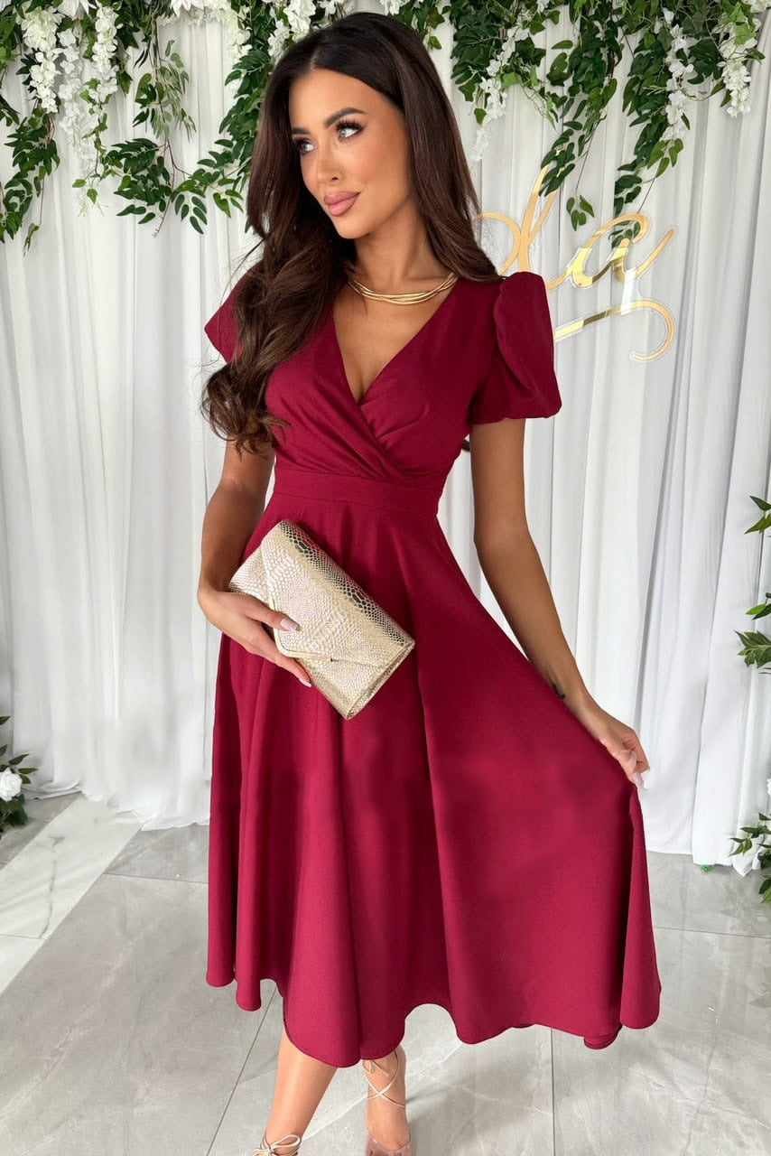 Damen elegantes Midikleid mit Wickeloptik und ausgestelltem Rock R&B