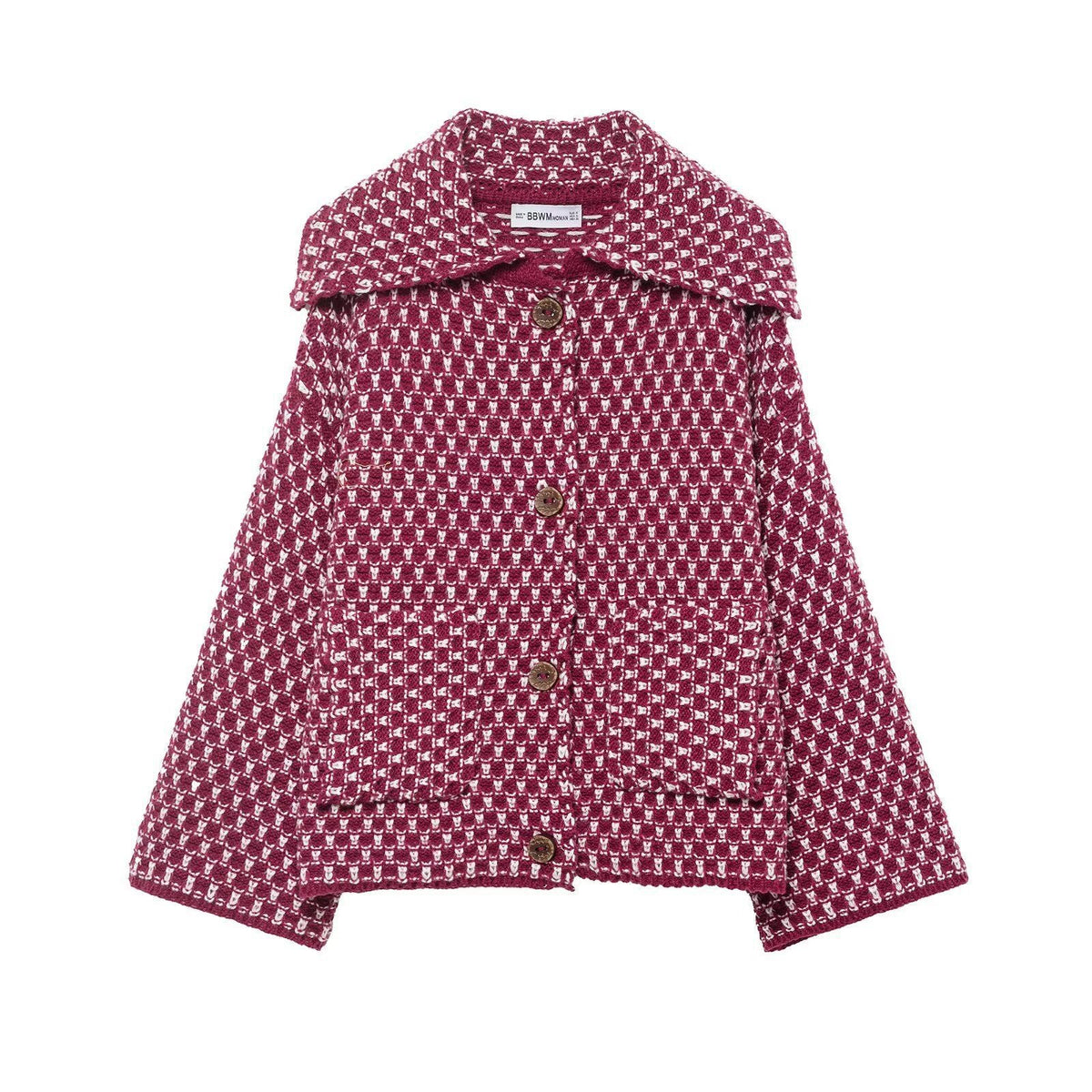 Damen nan kastige Bouclé-Tweedjacke mit großem Umlegekragen, aufgesetzten Taschen und dekorativen Holzknöpfen R&B