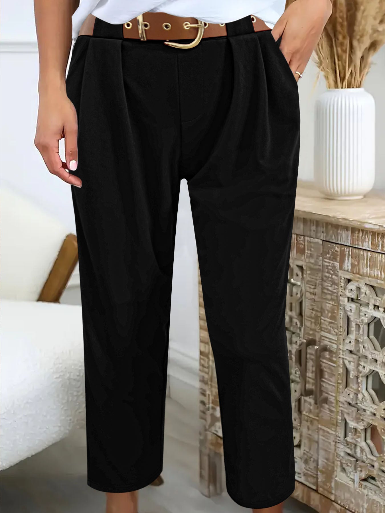 Damen Elegante High-Waist-Hose mit Falten-Details und Gürtel R&B