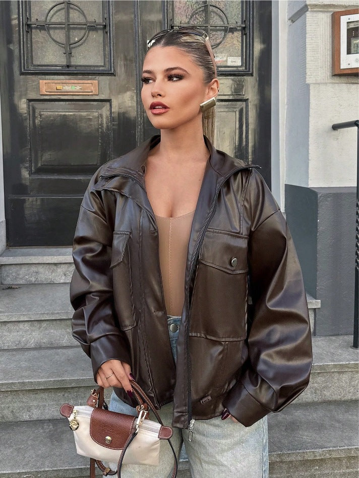 Damen lässige Oversized-Jacke mit großen Taschen R&B