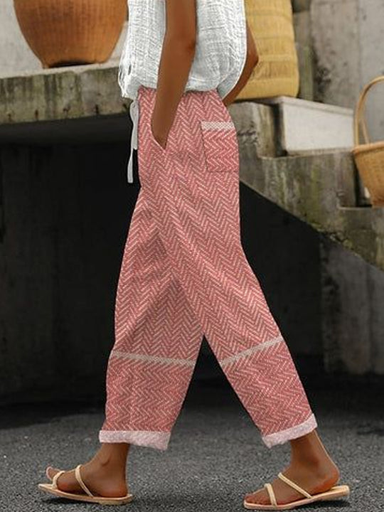 Damen Weite Leinenhose mit handgewebtem Muster R&B