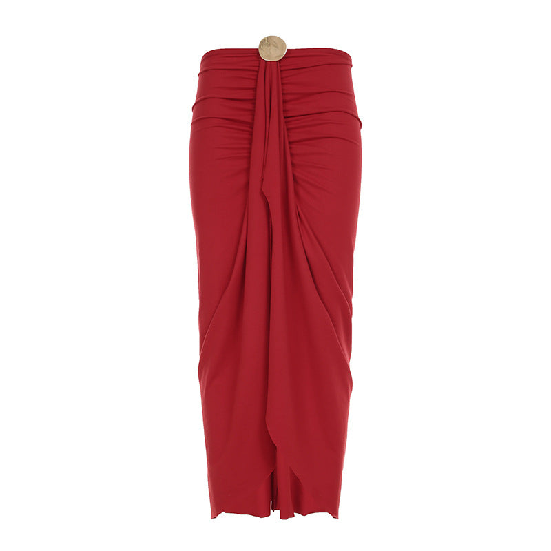 Damen eleganter Wickelrock mit glanzvollem Knopfdetail R&B