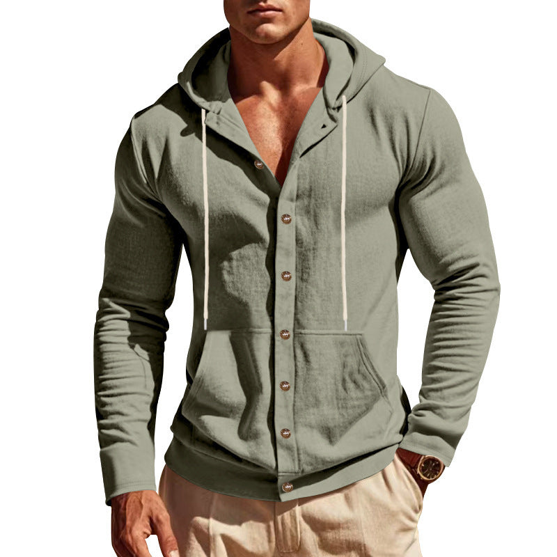 Herren nan leichte Kapuzen-Strickjacke mit durchgehender Knopfleiste schmaler Schnitt und Kängurutasche R&B