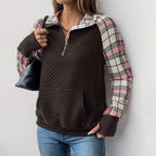Damen lässiger Fleece-Pullover mit Karomuster und praktischen Kängurutaschen