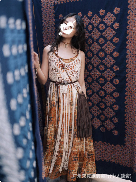 Damen Boho Chic Maxi-Kleid mit Fransen und gehäkeltem Oberteil R&B