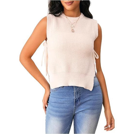 Damen ärmelloses Strickoberteil mit großzügigem Schnitt und gebundenem Detail R&B