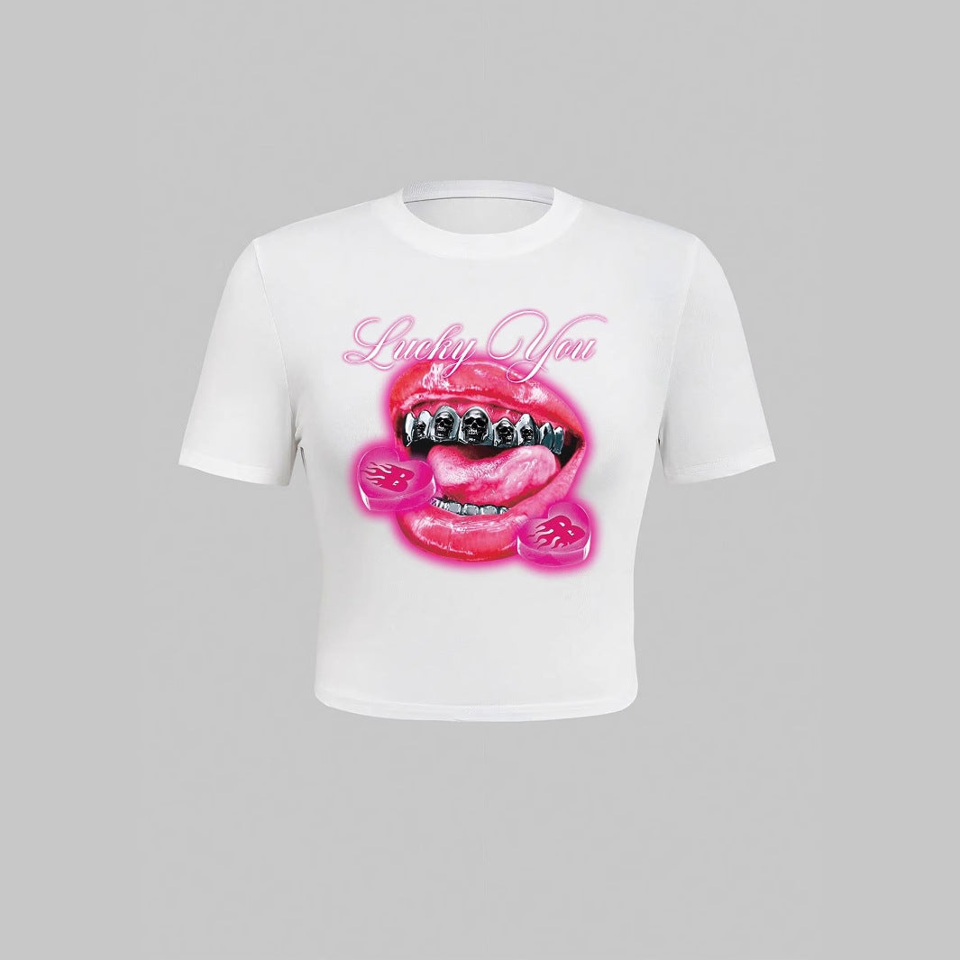 Damen T-Shirt mit kreativem Lippenmotiv und auffälligem Grafikdruck R&B