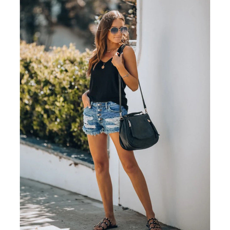 Damen lässige Destroyed Jeansshorts mit Knopfleiste und fransigem Saum R&B
