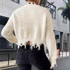 Damen Oversized Strickpullover mit fransigem Saum und raffiniertem Ausschnitt R&B
