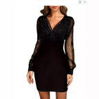 Damen Glitzerndes Cocktailkleid mit transparenten Ärmeln R&B