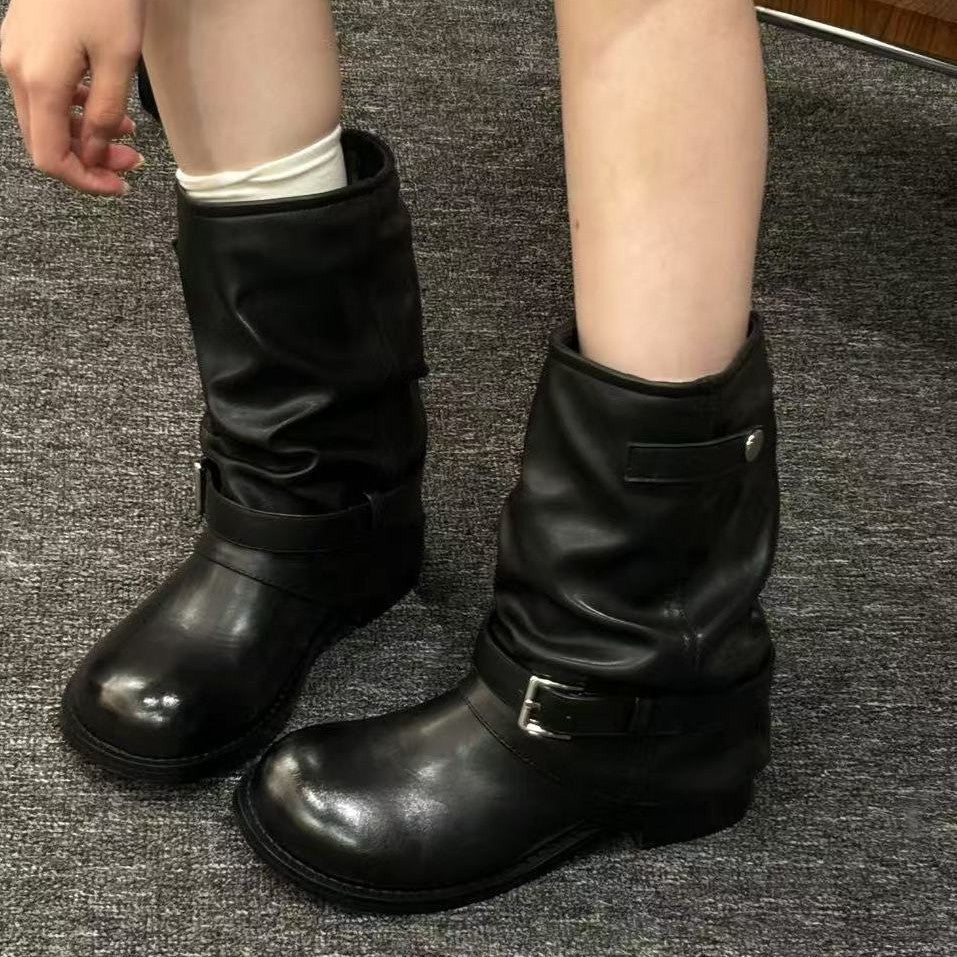 Damen modische Winterstiefel mit gerafftem Schaft und dekorativem Schnallenakzent R&B