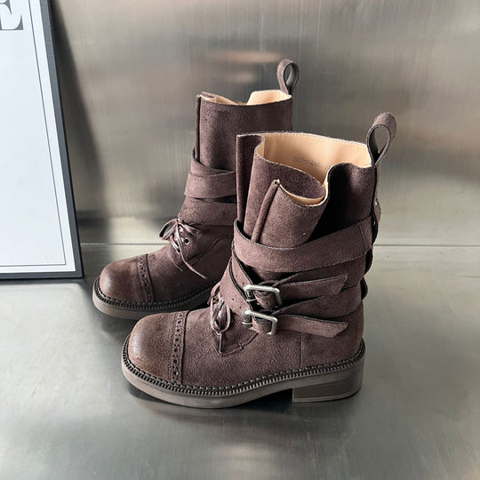 Damen elegante Stiefel mit modischen Schnallen und verstellbaren Riemen R&B