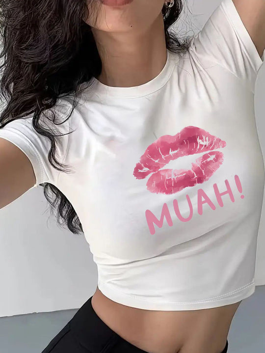 Damen Kurzarm T-Shirt mit aufgedrucktem Lippenmotiv R&B
