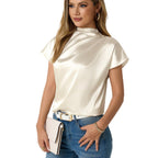 Damen elegante Satin Bluse mit Stehkragen R&B