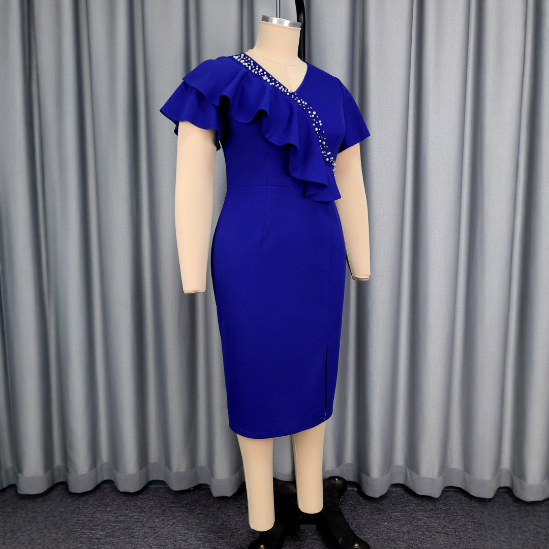 Damen figurbetontes Abendkleid mit asymmetrischem Rüschendesign und Glitzerdetails R&B