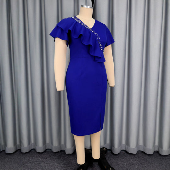 Damen figurbetontes Abendkleid mit asymmetrischem Rüschendesign und Glitzerdetails R&B