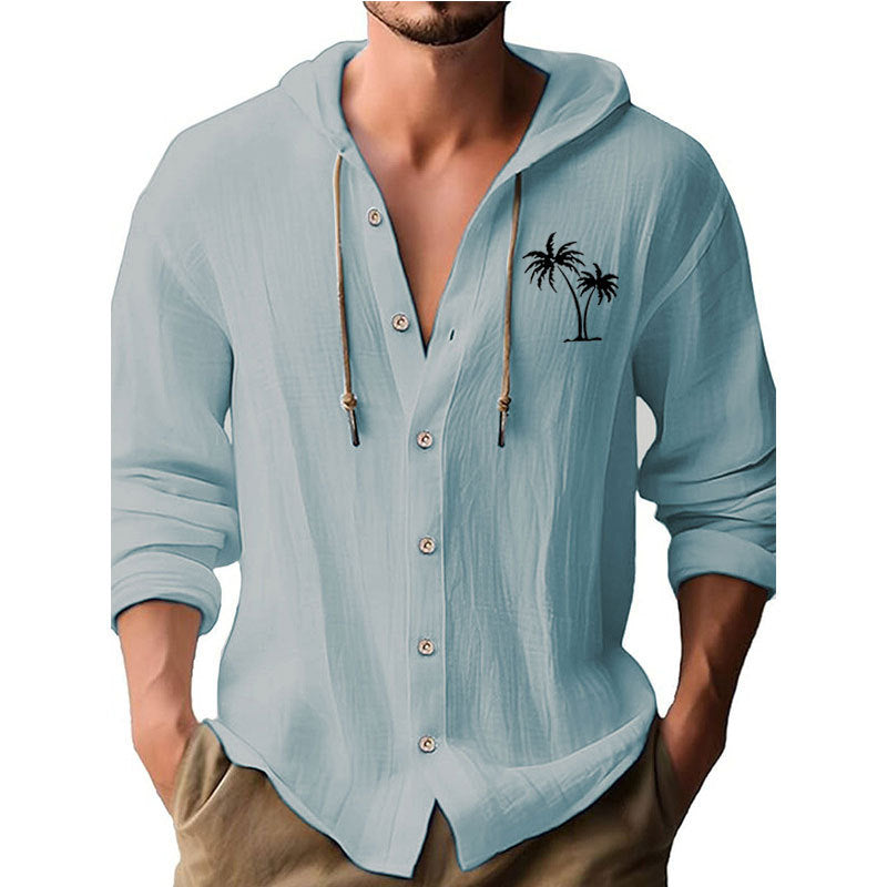 Herren lässiges Kapuzenshirt mit dekorativem Palmendruck und Knopfleiste R&B