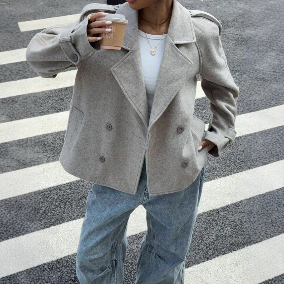 Damen modische Wolle-Lapel-Jacke mit Doppelreihe R&B
