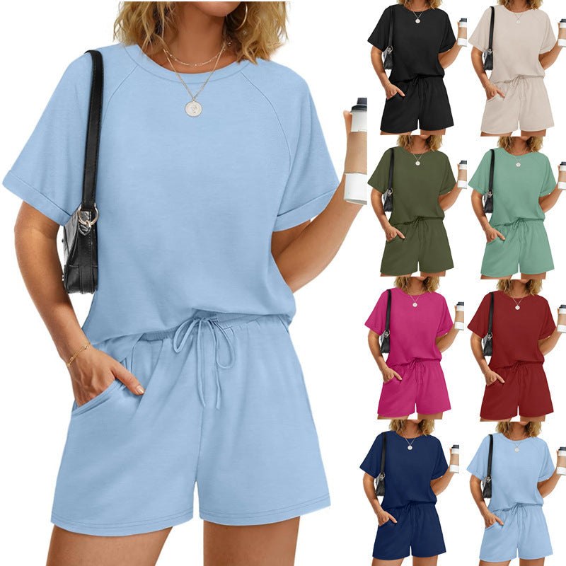 Damen lässiger Kombi aus T-Shirt und Shorts mit elastischem Bund R&B