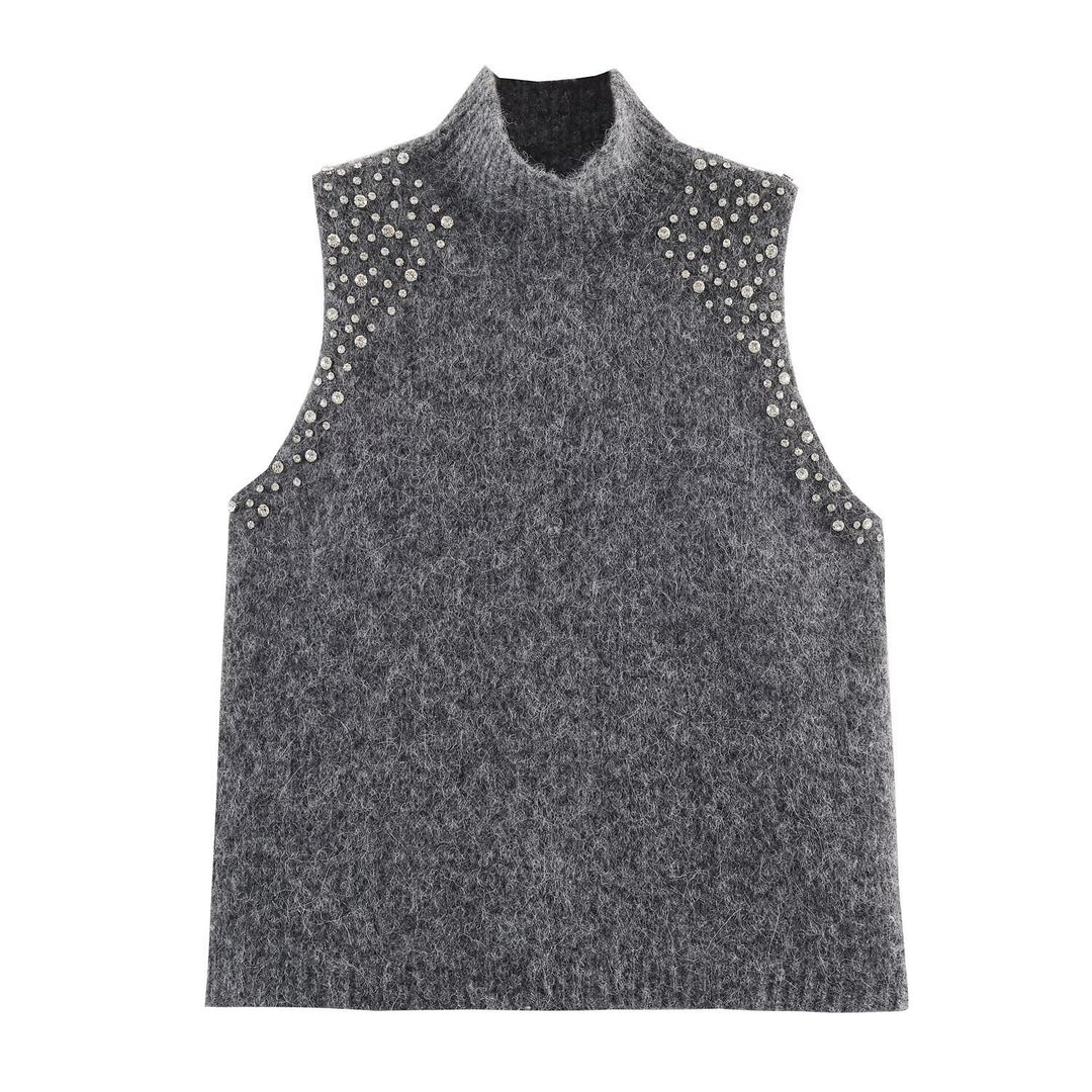 Damen ärmelloses Strickoberteil mit eleganten Perlenverzierungen R&B