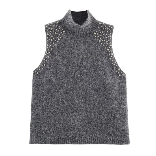 Damen ärmelloses Strickoberteil mit eleganten Perlenverzierungen R&B