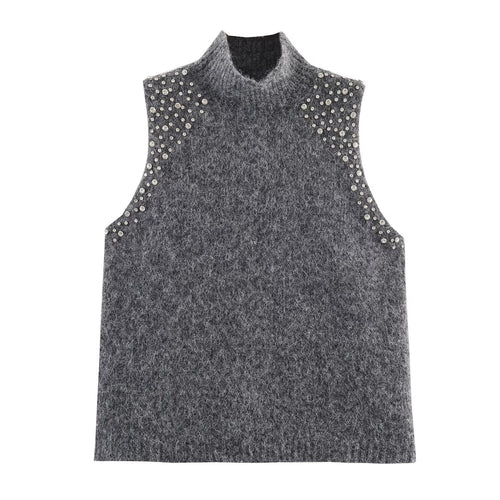 Damen ärmelloses Strickoberteil mit eleganten Perlenverzierungen R&B