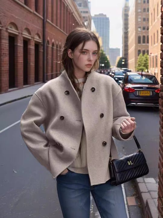 Damen modische Wolljacke mit doppelter Knopfleiste und ausgefallenem Schnitt R&B