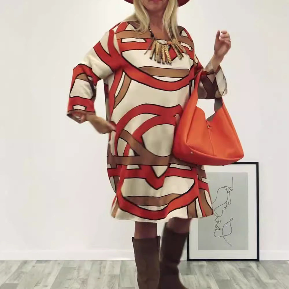 Damen nan großzügiges Swingkleid mit weitem Tulpen-Saum, Fledermausärmeln und grafischem Allovermuster R&B