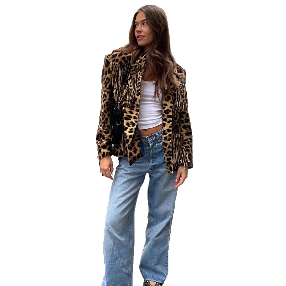 Damen Leoparden-Wildlederjacke mit Fransen und modischem Schnitt R&B
