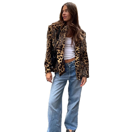 Damen Leoparden-Wildlederjacke mit Fransen und modischem Schnitt R&B