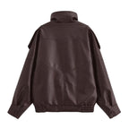 Damen nan Oversize Kunstleder-Bomberjacke mit hohem Stehkragen, Druckknopfblende und smockbündchen R&B