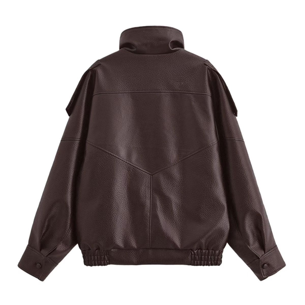 Damen nan Oversize Kunstleder-Bomberjacke mit hohem Stehkragen, Druckknopfblende und smockbündchen R&B
