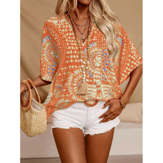 Damen Strandbluse im lässigen Boho-Stil mit bunten Mustern und voluminösen Ärmeln R&B