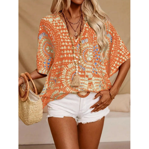 Damen Strandbluse im lässigen Boho-Stil mit bunten Mustern und voluminösen Ärmeln R&B