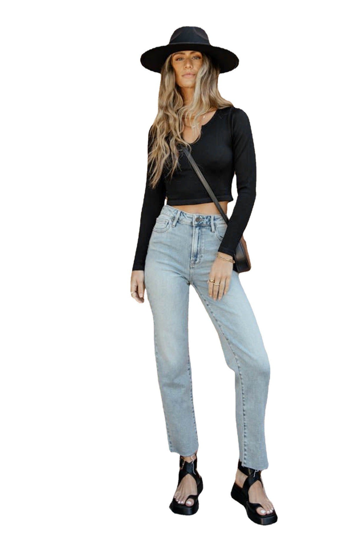 Damen cropped Langarmshirt mit modischem Rundhalsausschnitt und feinem Rippdesign