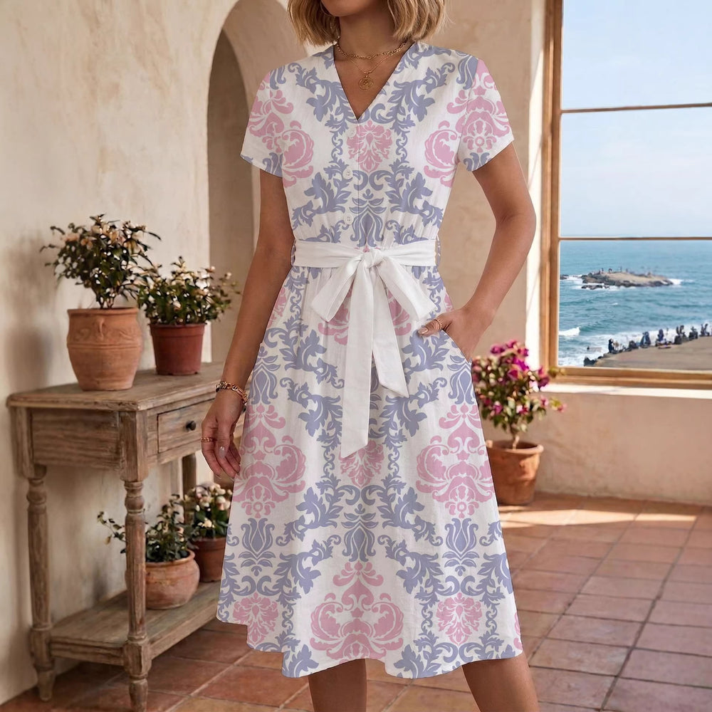Damen Sommerliches Kleid mit taillierbarem Bindegürtel und floralem Muster R&B