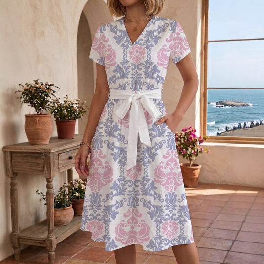 Damen Sommerliches Kleid mit taillierbarem Bindegürtel und floralem Muster R&B