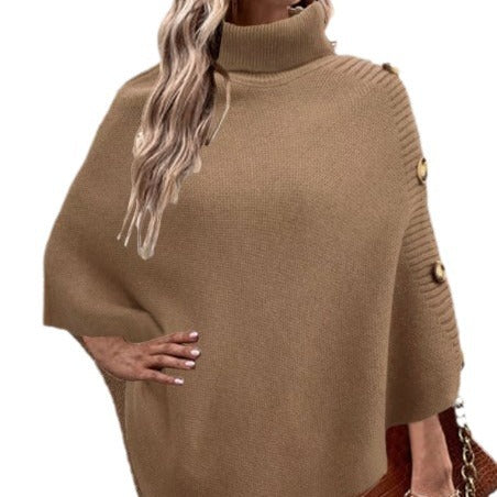 Damen Strick-Poncho mit hohem Kragen und Knopfdetails R&B