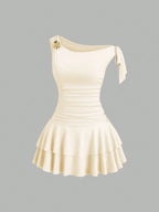 Damen elegantes Wickelkleid mit asymmetrischem Saum und raffiniertem Kordelzug R&B
