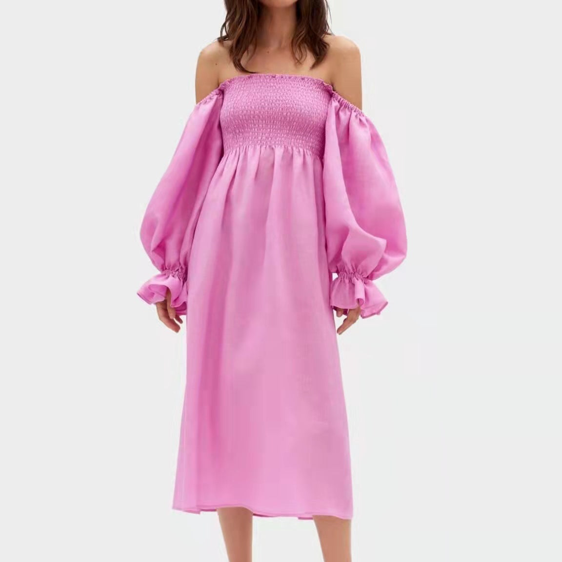 Damen Maxikleid mit Puffärmeln und elastischem Taillenbund R&B