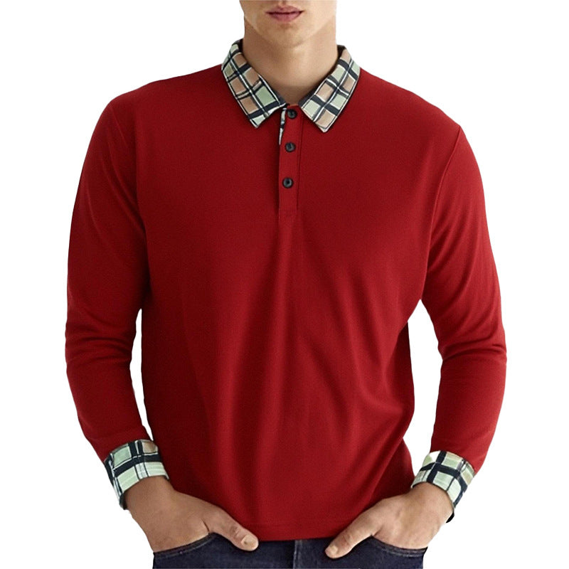 Herren nan figurbetontes Langarm-Poloshirt mit karierter Kragen- und Manschettenbesatz R&B