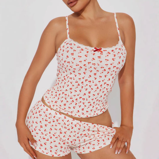 Damen Schlafanzug-Set aus atmungsaktivem Baumwollstoff mit zarten Herzmotiven R&B