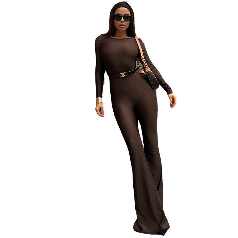 Damen Eleganter Jumpsuit mit tiefem Rückenausschnitt und weitem Bein R&B