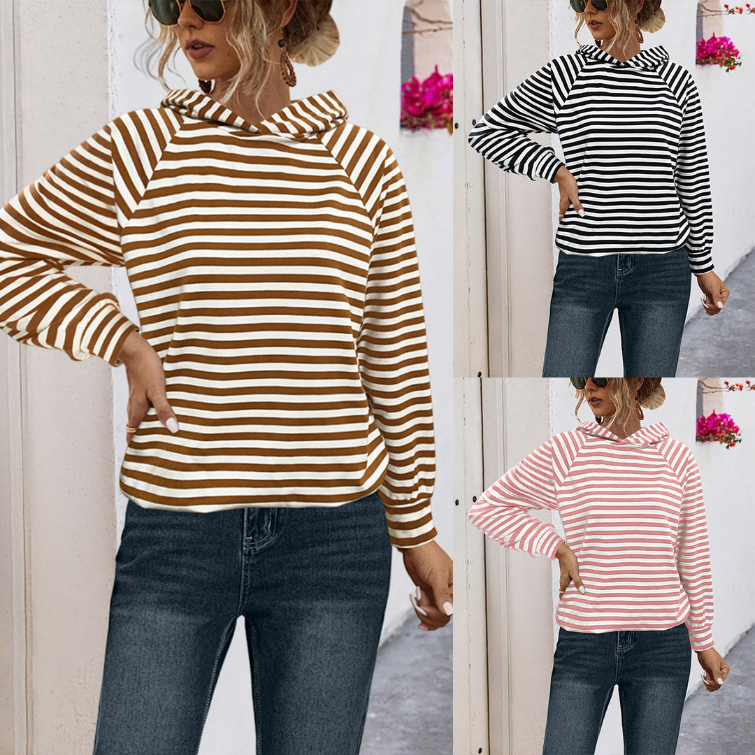 Damen gestreifter Kapuzensweater mit lässigem Schnitt und Raglanärmeln R&B