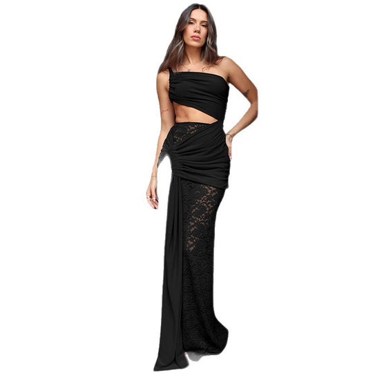 Damen Abendkleid mit asymmetrischem Schnitt und transparenter Spitzenapplikation R&B