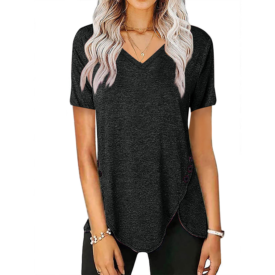 Damen lässiges V-Ausschnitt T-Shirt mit asymmetrischem Saum und dekorativen Knopfdetails R&B
